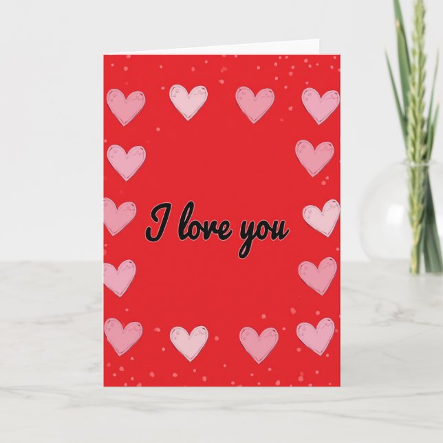 Tarjeta con patrón de corazones rojos 'Te amo' (Anverso)