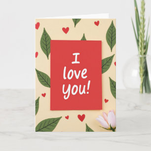 Tarjeta con patrón de corazones y hojas 'Te amo'