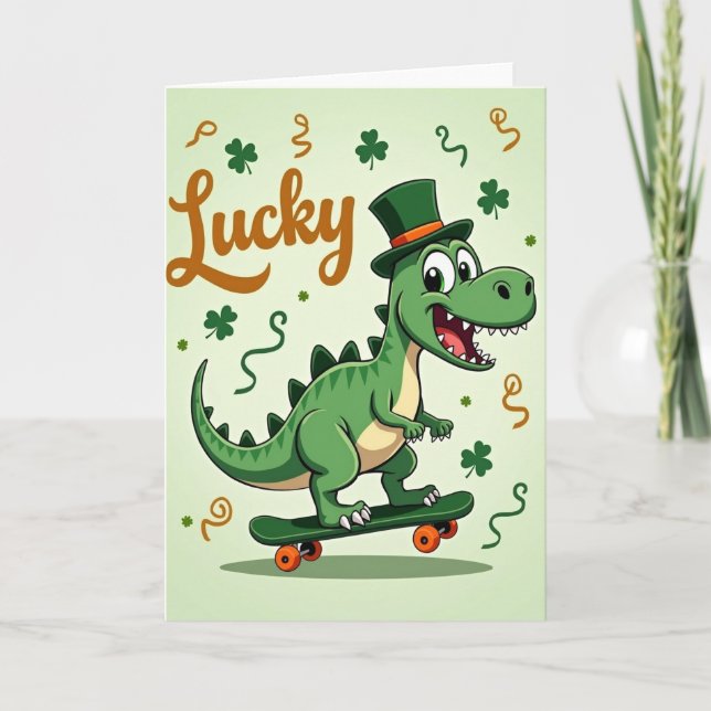 Tarjeta con patrón de Dino Verde Afortunado (Anverso)
