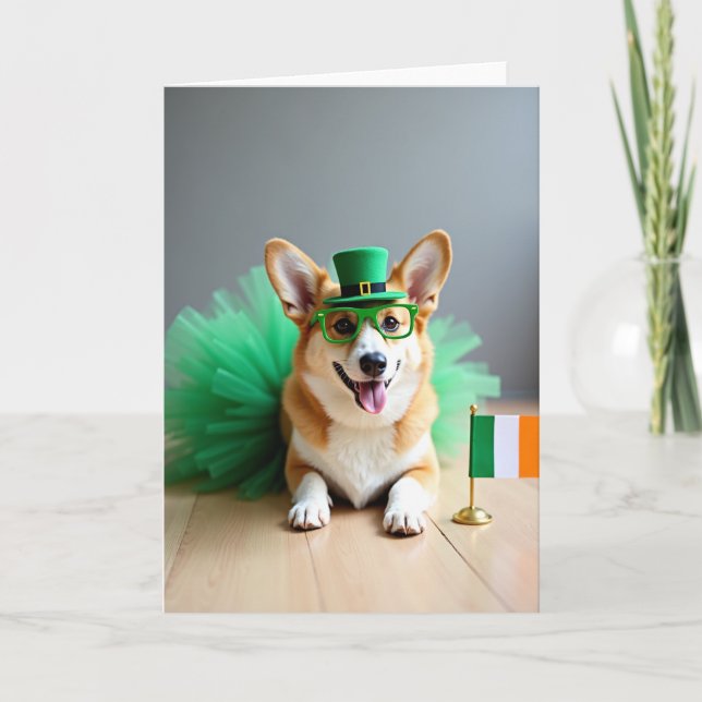 Tarjeta con patrón de trébol verde Corgi (Anverso)