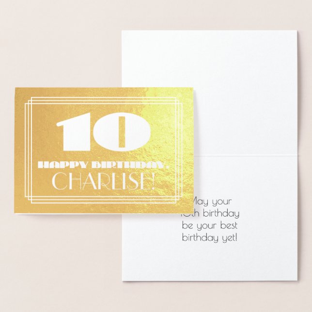 Tarjeta Con Relieve Metalizado 10.º Cumpleaños: Nombre + Art Deco Inspirado Aspec (Demostración)