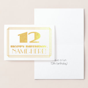 Tarjeta Con Relieve Metalizado 12.º cumpleaños; Nombre + Art Deco Inspirado Aspec