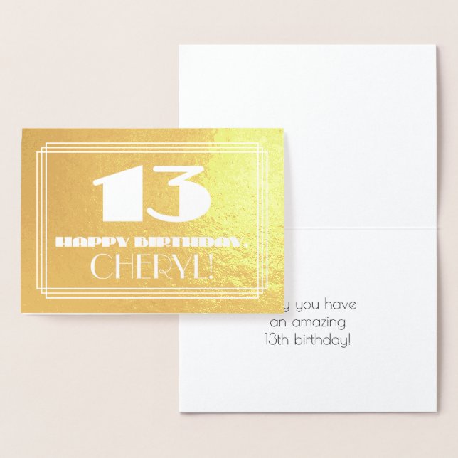 Tarjeta Con Relieve Metalizado 13.º cumpleaños: Nombre + Art Deco Inspirado Aspec (Demostración)