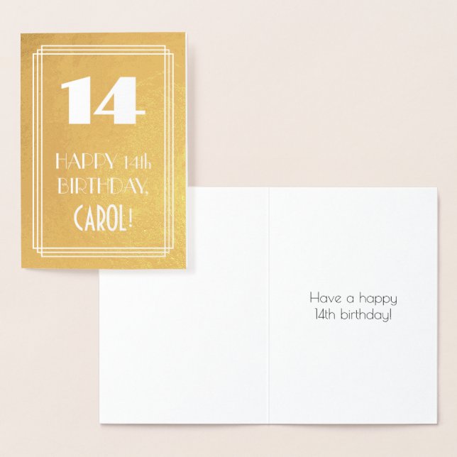 Tarjeta Con Relieve Metalizado 14 cumpleaños ~ Art Deco Style "14" y nombre perso (Demostración)