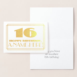 Tarjeta Con Relieve Metalizado 16º cumpleaños; Nombre + Art Deco Inspirado Aspect