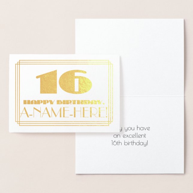 Tarjeta Con Relieve Metalizado 16º cumpleaños; Nombre + Art Deco Inspirado Aspect (Demostración)