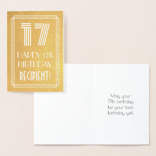 Tarjeta Con Relieve Metalizado 17 Aniversario - Estilo Art Decó Inspirado "17" +