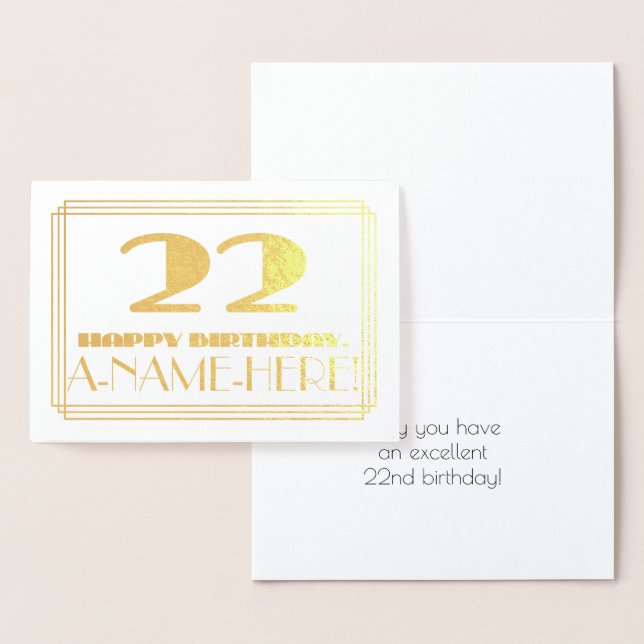 Tarjeta Con Relieve Metalizado 22.º cumpleaños; Nombre + Art Deco Inspirado Aspec (Demostración)