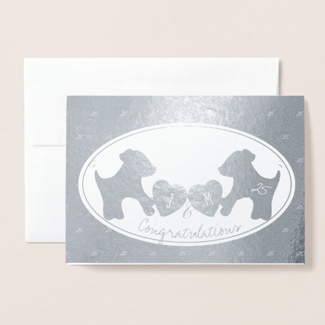 Tarjeta Con Relieve Metalizado 25º aniversario de bodas de plata de perro (Anverso con sobre)