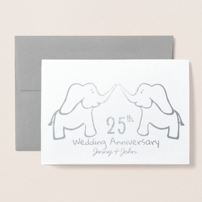 Tarjeta Con Relieve Metalizado 25.º elefante del aniversario de Boda de Plata o c (Anverso con sobre)