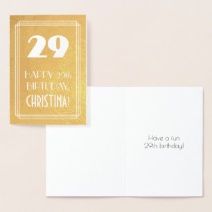 Tarjeta Con Relieve Metalizado 29º cumpleaños ~ Estilo Art Deco "29" y nombre per