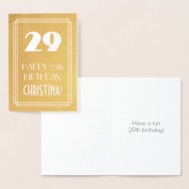 Tarjeta Con Relieve Metalizado 29º cumpleaños ~ Estilo Art Deco "29" y nombre per (Demostración)