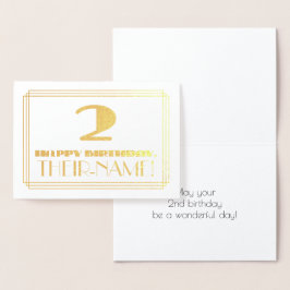 Tarjeta Con Relieve Metalizado 2.º Cumpleaños; Nombre + Art Deco Inspirado Aspect