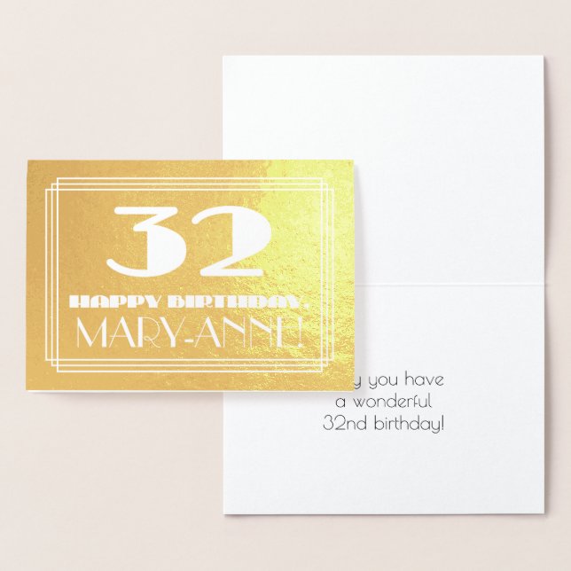 Tarjeta Con Relieve Metalizado 32º cumpleaños: Nombre + Art Deco Inspirado Aspect (Demostración)