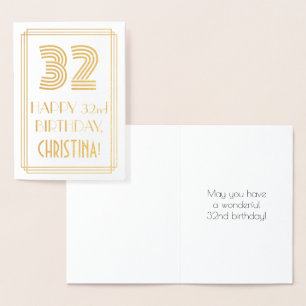 Tarjeta Con Relieve Metalizado 32° cumpleaños - Estilo Art Decó "32" y nombre