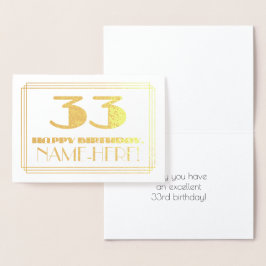 Tarjeta Con Relieve Metalizado 33 Aniversario; Nombre + Art Deco Inspirado Aspect