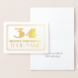 Tarjeta Con Relieve Metalizado 34 Aniversario; Nombre + Art Deco Inspirado Aspect