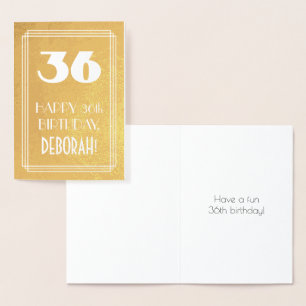 Tarjeta Con Relieve Metalizado 36º cumpleaños ~ Estilo Art Deco "36" y nombre per