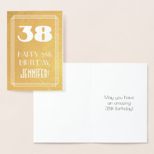 Tarjeta Con Relieve Metalizado 38º cumpleaños ~ Estilo Art Deco "38" y nombre per