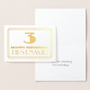 Tarjeta Con Relieve Metalizado 3.ᵉʳ cumpleaños; Nombre + Art Deco Inspirado Aspec