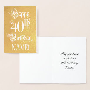 Tarjeta Con Relieve Metalizado 40.º cumpleaños: Elegante, guión ordenado; nombre