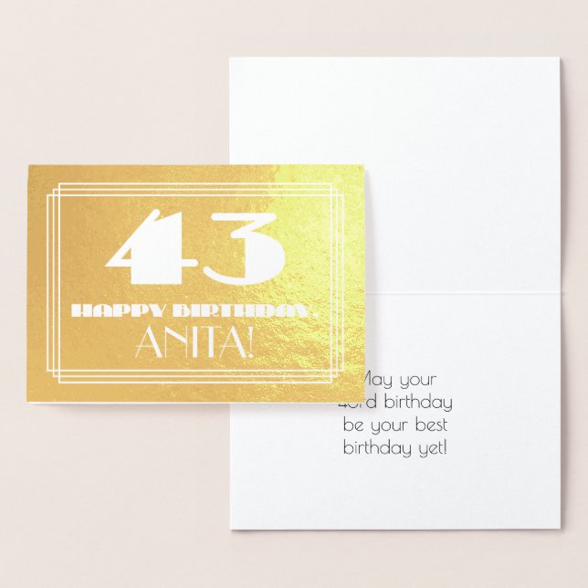 Tarjeta Con Relieve Metalizado 43.º Cumpleaños: Nombre + Art Deco Inspirado Aspec (Demostración)