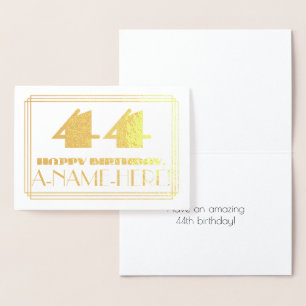 Tarjeta Con Relieve Metalizado 44 Aniversario; Nombre + Art Deco Inspirado Aspect