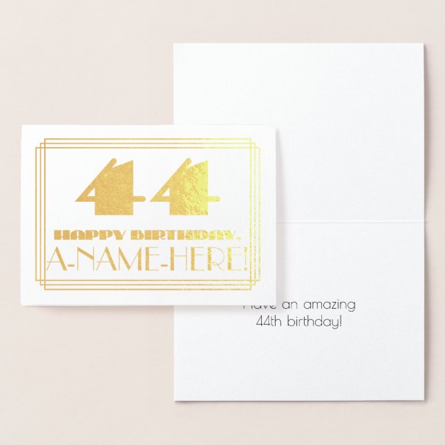 Tarjeta Con Relieve Metalizado 44 Aniversario; Nombre + Art Deco Inspirado Aspect (Demostración)