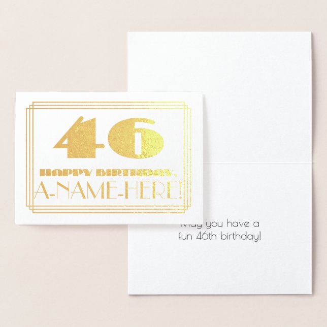 Tarjeta Con Relieve Metalizado 46º cumpleaños; Nombre + Art Deco Inspirado Aspect (Demostración)