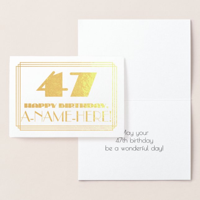 Tarjeta Con Relieve Metalizado 47 Aniversario; Nombre + Art Deco Inspirado Aspect (Demostración)