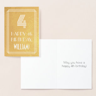Tarjeta Con Relieve Metalizado 4.º Cumpleaños - Estilo Art Decó Inspirado "4" + N
