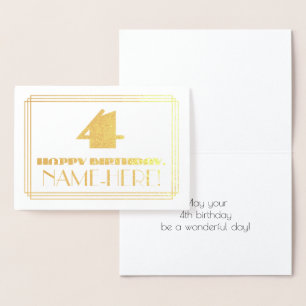 Tarjeta Con Relieve Metalizado 4. Cumpleaños; Nombre + Art Deco Inspirado Aspecto