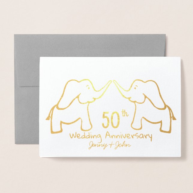 Tarjeta Con Relieve Metalizado 50° o cualquier elefante del Aniversario del Boda  (Anverso con sobre)