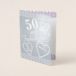 Tarjeta Con Relieve Metalizado 50 Y Fabuloso Corazón De Cumpleaños Plateado Perso