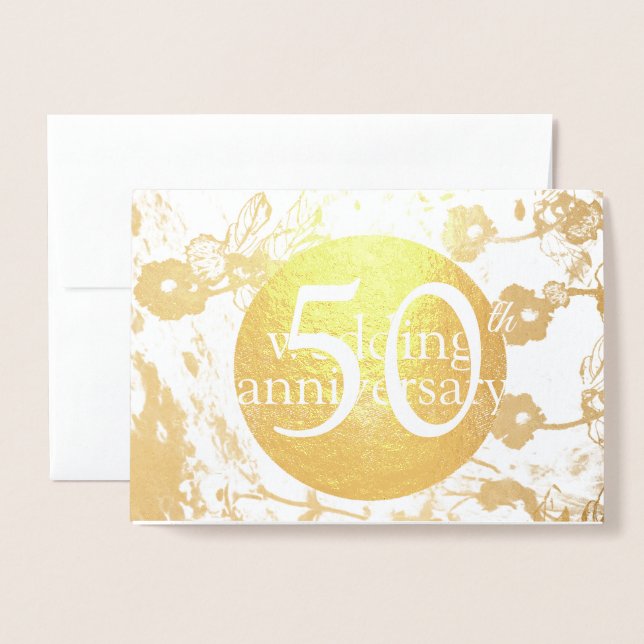 Tarjeta Con Relieve Metalizado 50th Gold Foil Wedding Floral Blank Card (Anverso con sobre)