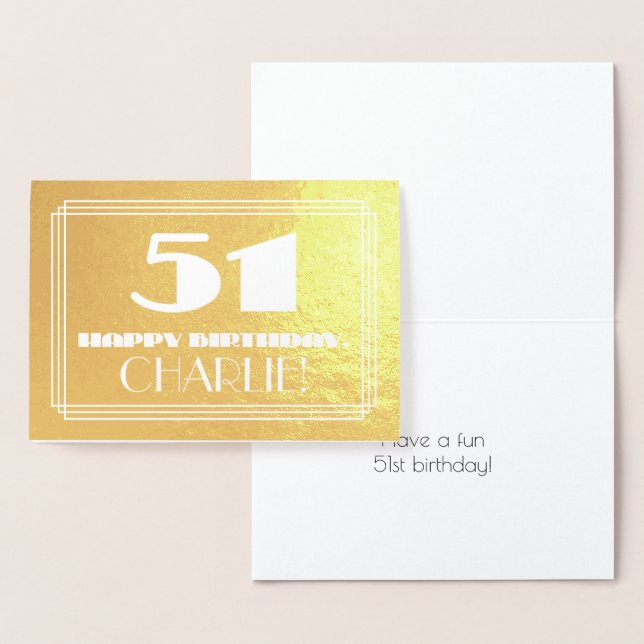 Tarjeta Con Relieve Metalizado 51° cumpleaños: Nombre + Art Deco Inspirado Aspect (Demostración)