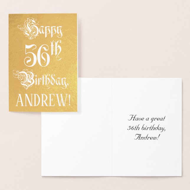 Tarjeta Con Relieve Metalizado 56th Birthday: Elegant, Ornate Script; Custom Name (Demostración)