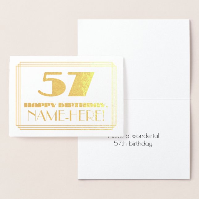 Tarjeta Con Relieve Metalizado 57 Aniversario; Nombre + Art Deco Inspirado Aspect (Demostración)