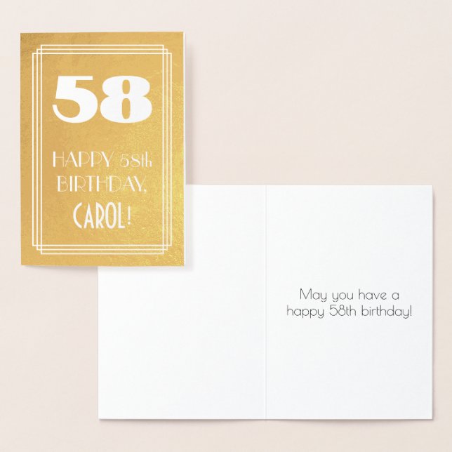 Tarjeta Con Relieve Metalizado 58º cumpleaños ~ Estilo Art Deco "58" y nombre per (Demostración)