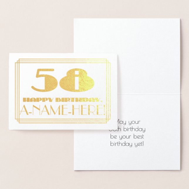Tarjeta Con Relieve Metalizado 58 Aniversario; Nombre + Art Deco Inspirado Aspect (Demostración)