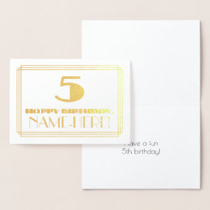 Tarjeta Con Relieve Metalizado 5. Cumpleaños; Nombre + Art Deco Inspirado Aspecto