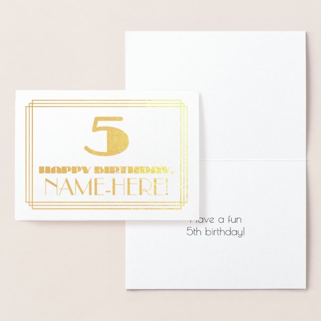 Tarjeta Con Relieve Metalizado 5. Cumpleaños; Nombre + Art Deco Inspirado Aspecto (Demostración)