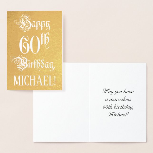 Tarjeta Con Relieve Metalizado 60th Birthday: Elegant, Ornate Script; Custom Name (Demostración)