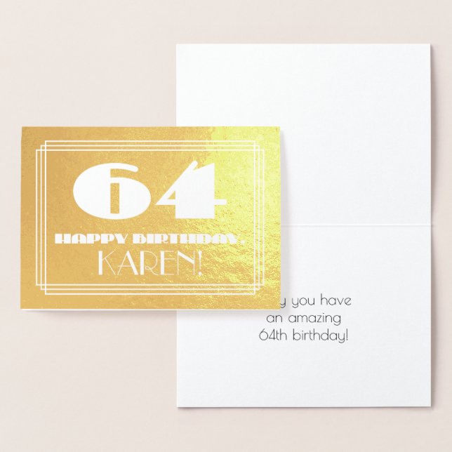Tarjeta Con Relieve Metalizado 64º cumpleaños: Nombre + Art Deco Inspirado Aspect (Demostración)