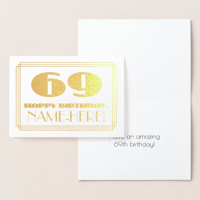 Tarjeta Con Relieve Metalizado 69º cumpleaños; Nombre + Art Deco Inspirado Aspect (Demostración)