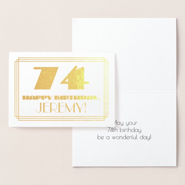 Tarjeta Con Relieve Metalizado 74 Aniversario; Nombre + Art Deco Inspirado Aspect (Demostración)