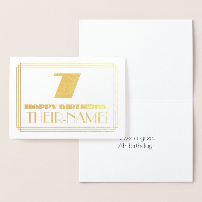 Tarjeta Con Relieve Metalizado 7.º cumpleaños; Nombre + Art Deco Inspirado Aspect (Demostración)