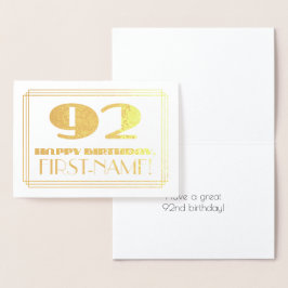 Tarjeta Con Relieve Metalizado 92º cumpleaños; Nombre + Art Deco Inspirado Aspect