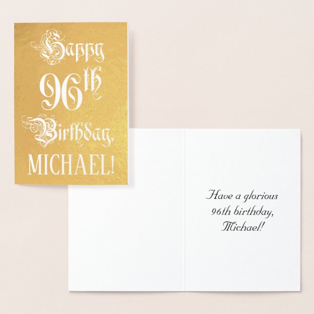 Tarjeta Con Relieve Metalizado 96th Birthday: Elegant, Ornate Script; Custom Name (Demostración)