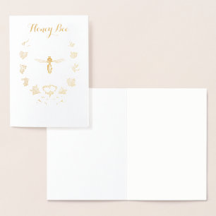 TARJETA CON RELIEVE METALIZADO ABEJA DE MIEL DE ORO CON CORONA FLORAL